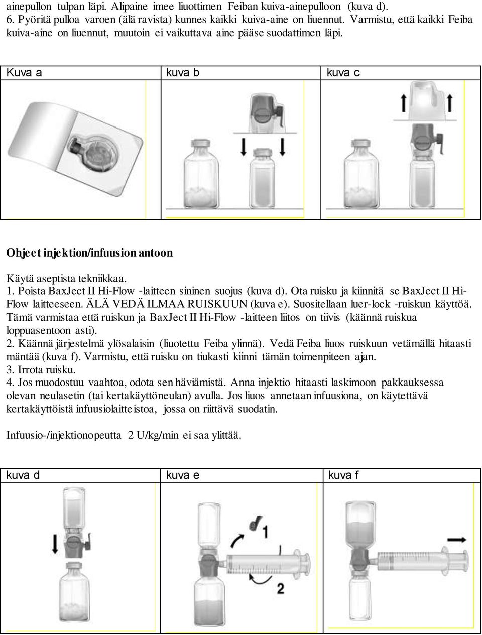 Poista BaxJect II Hi-Flow -laitteen sininen suojus (kuva d). Ota ruisku ja kiinnitä se BaxJect II Hi- Flow laitteeseen. ÄLÄ VEDÄ ILMAA RUISKUUN (kuva e). Suositellaan luer-lock -ruiskun käyttöä.