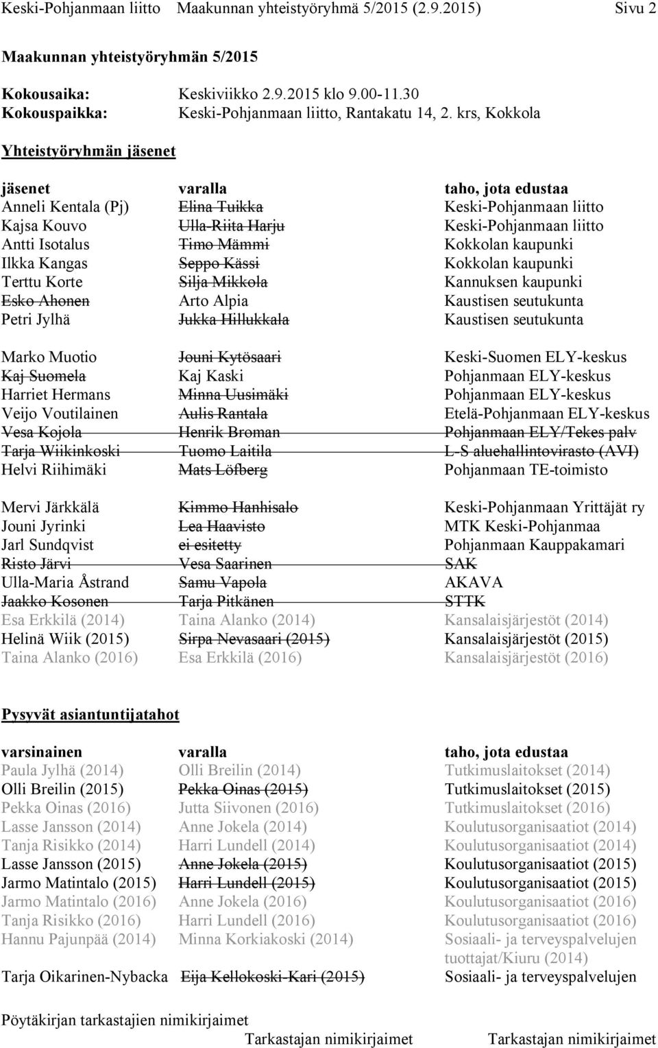 krs, Kokkola Yhteistyöryhmän jäsenet jäsenet varalla taho, jota edustaa Anneli Kentala (Pj) Elina Tuikka Keski-Pohjanmaan liitto Kajsa Kouvo Ulla-Riita Harju Keski-Pohjanmaan liitto Antti Isotalus