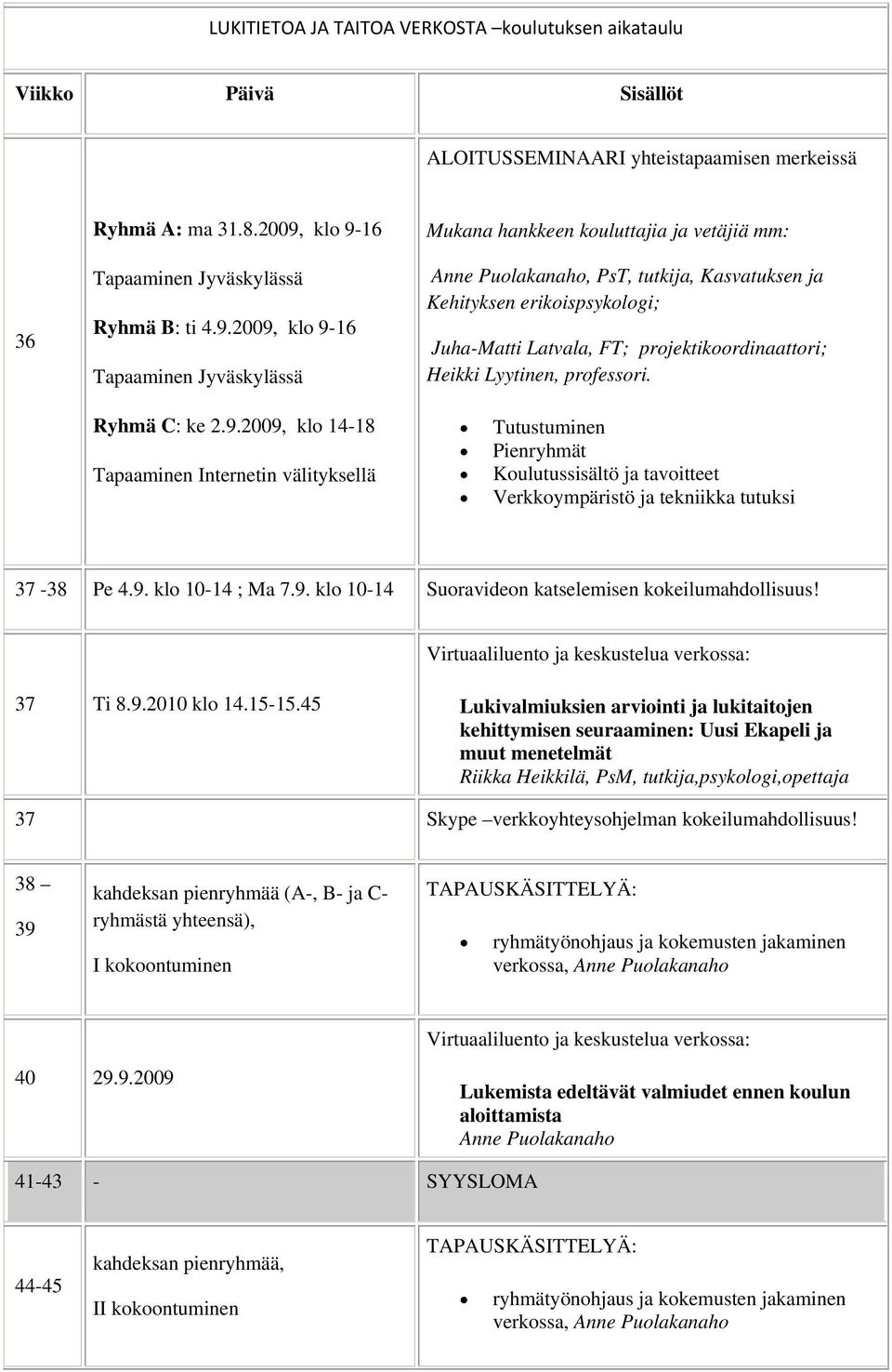 Heikki Lyytinen, prfessri. Ryhmä C: ke 2.9.2009, kl 14-18 Tapaaminen Internetin välityksellä Tutustuminen Pienryhmät Kulutussisältö ja tavitteet Verkkympäristö ja tekniikka tutuksi 37-38 Pe 4.9. kl 10-14 ; Ma 7.