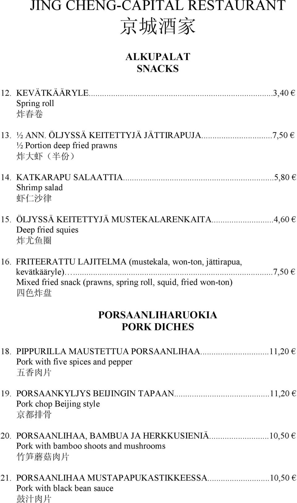 ..7,50 Mixed fried snack (prawns, spring roll, squid, fried won-ton) PORSAANLIHARUOKIA PORK DICHES 18. PIPPURILLA MAUSTETTUA PORSAANLIHAA...11,20 Pork with five spices and pepper 19.