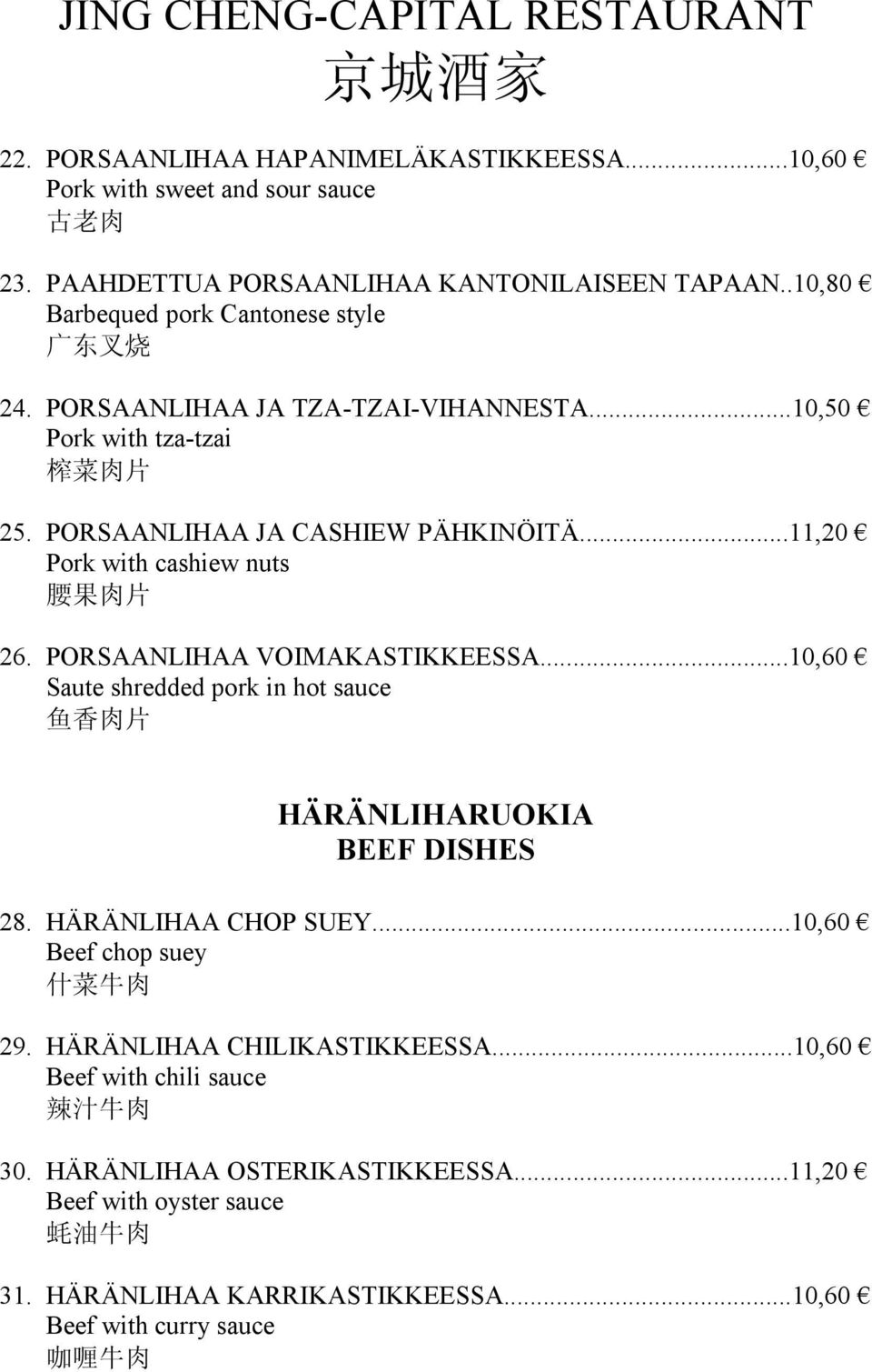 ..11,20 Pork with cashiew nuts 26. PORSAANLIHAA VOIMAKASTIKKEESSA...10,60 Saute shredded pork in hot sauce HÄRÄNLIHARUOKIA BEEF DISHES 28. HÄRÄNLIHAA CHOP SUEY.