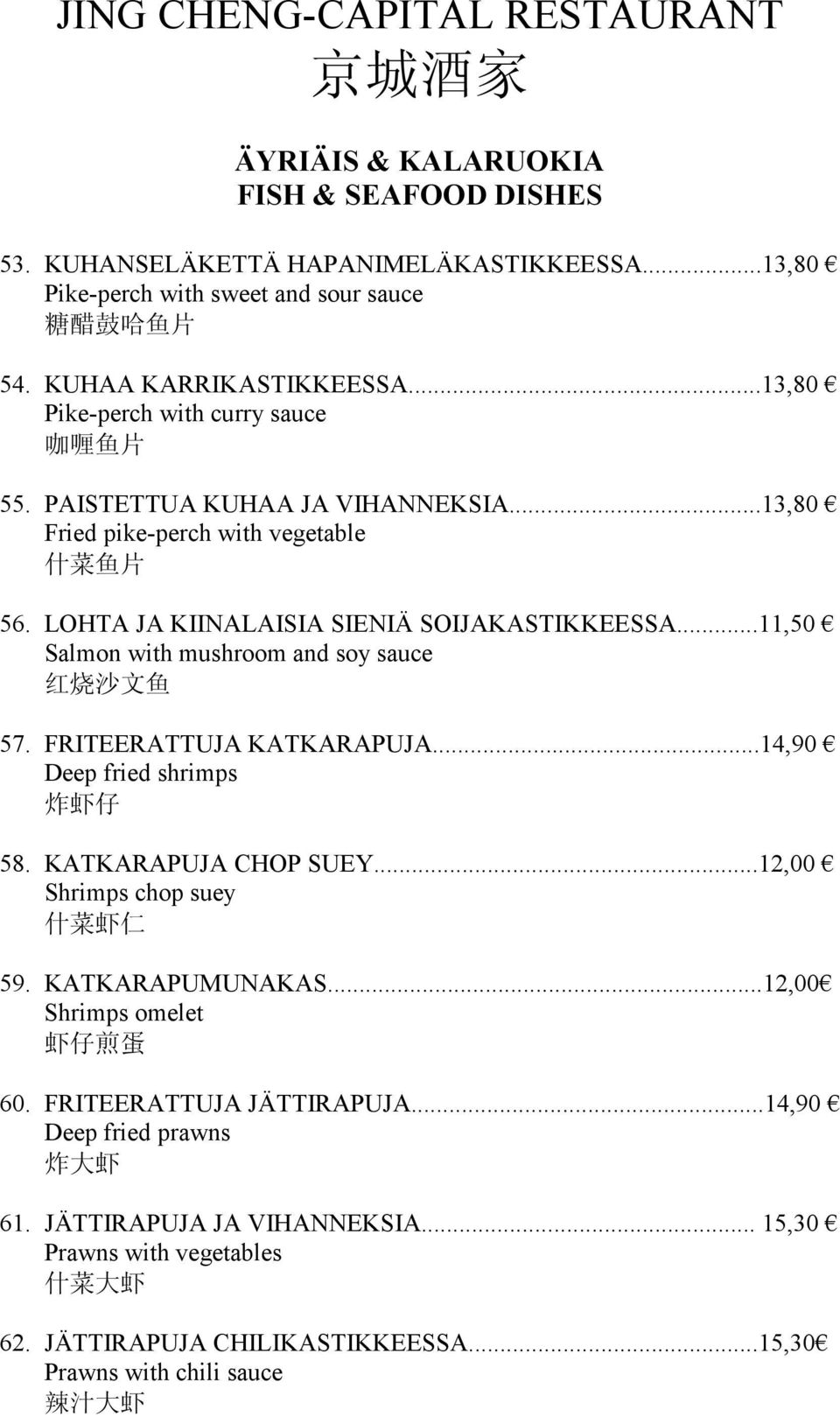 ..11,50 Salmon with mushroom and soy sauce 57. FRITEERATTUJA KATKARAPUJA...14,90 Deep fried shrimps 58. KATKARAPUJA CHOP SUEY...12,00 Shrimps chop suey 59. KATKARAPUMUNAKAS.