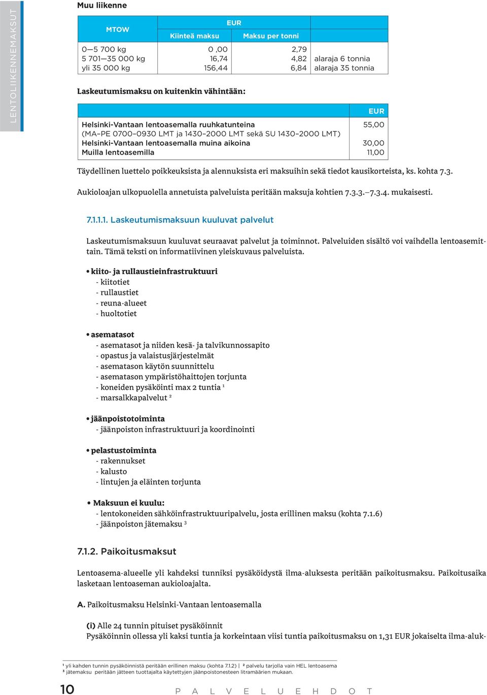 35 tonnia EUR 55,00 30,00 11,00 Täydellinen luettelo poikkeuksista ja alennuksista eri maksuihin sekä tiedot kausikorteista, ks. kohta 7.3. Aukioloajan ulkopuolella annetuista palveluista peritään maksuja kohtien 7.