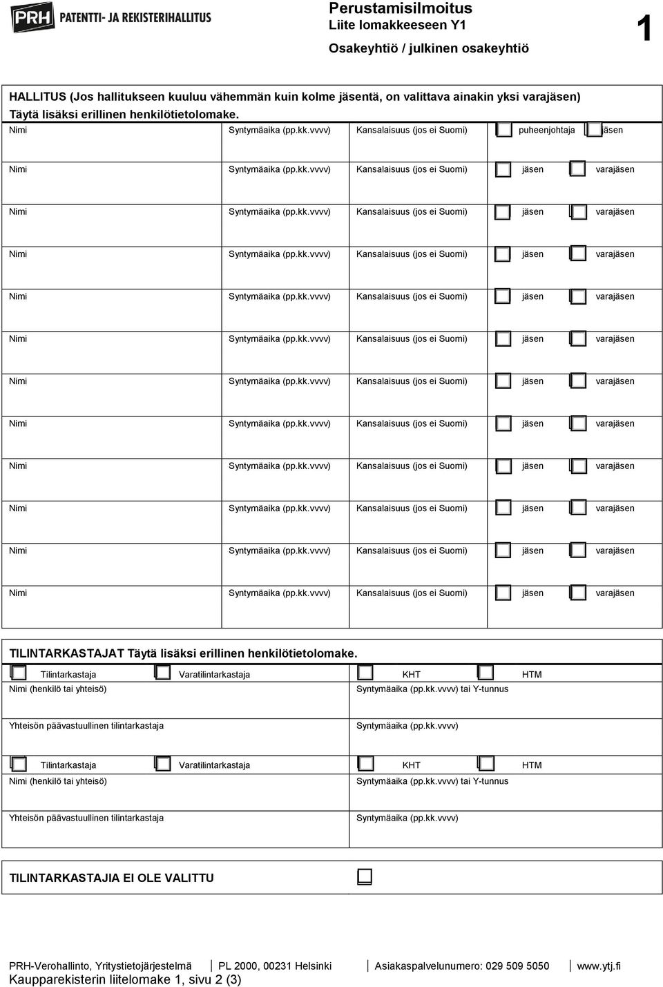 Tilintarkastaja Varatilintarkastaja KHT HTM Nimi (henkilö tai yhteisö) Syntymäaika (pp.kk.vvvv) tai Y-tunnus Yhteisön päävastuullinen tilintarkastaja Syntymäaika (pp.kk.vvvv) Tilintarkastaja Varatilintarkastaja KHT HTM Nimi (henkilö tai yhteisö) Syntymäaika (pp.