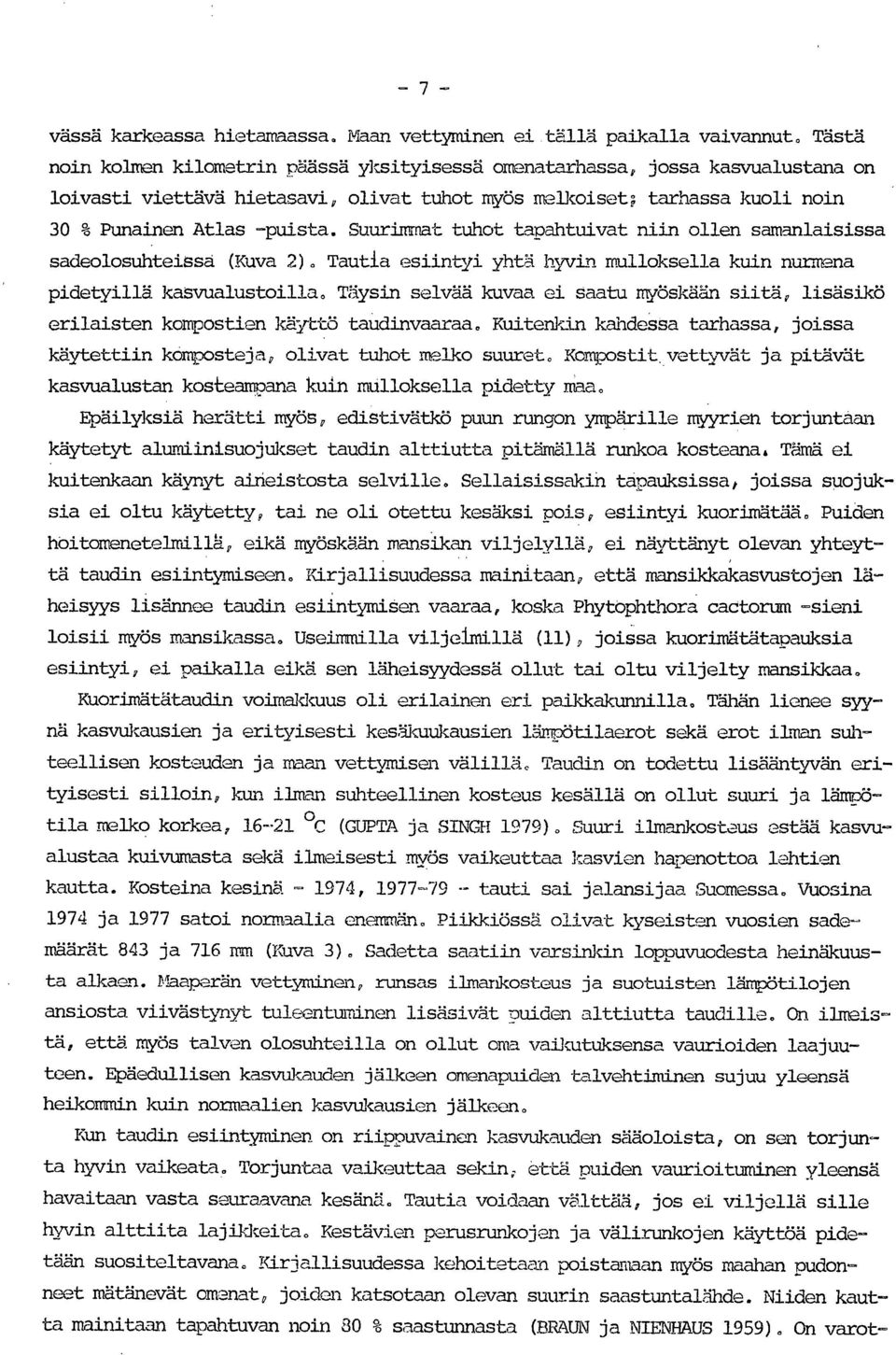 Suurimmat tuhot tapahtuivat niin ollen samanlaisissa sadeolosuhteisså (Kuva 2). Tautia esiintyi yhtä hyvin mulloksella kuin nurmena pidetyillä kasvualustoilla.