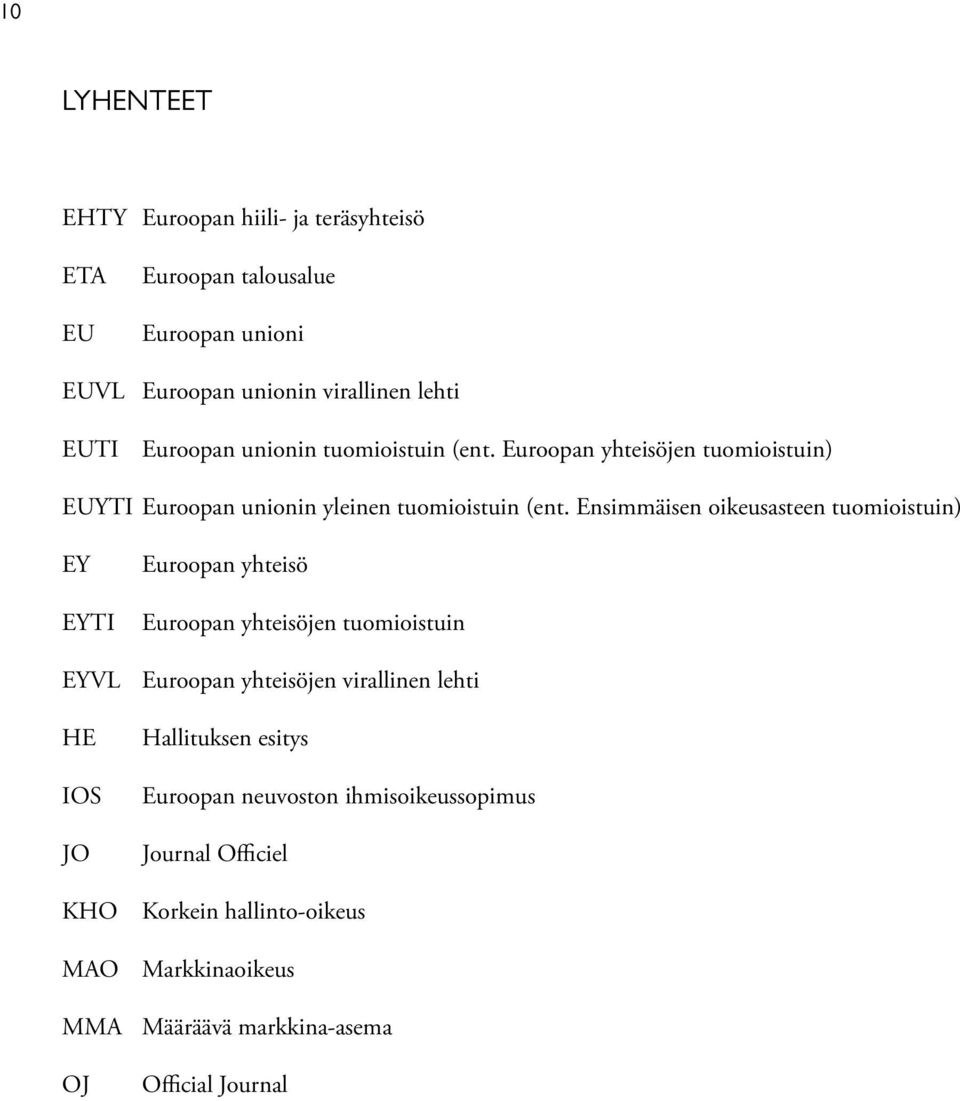 Ensimmäisen oikeusasteen tuomioistuin) EY EYTI Euroopan yhteisö Euroopan yhteisöjen tuomioistuin EYVL Euroopan yhteisöjen virallinen lehti HE