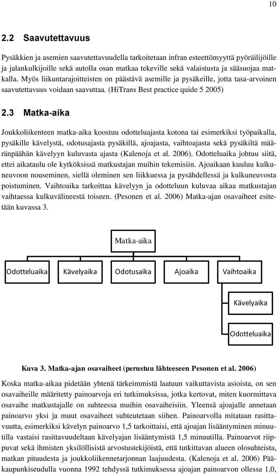 3 Matka-aika Joukkoliikenteen matka-aika koostuu odotteluajasta kotona tai esimerkiksi työpaikalla, pysäkille kävelystä, odotusajasta pysäkillä, ajoajasta, vaihtoajasta sekä pysäkiltä määränpäähän