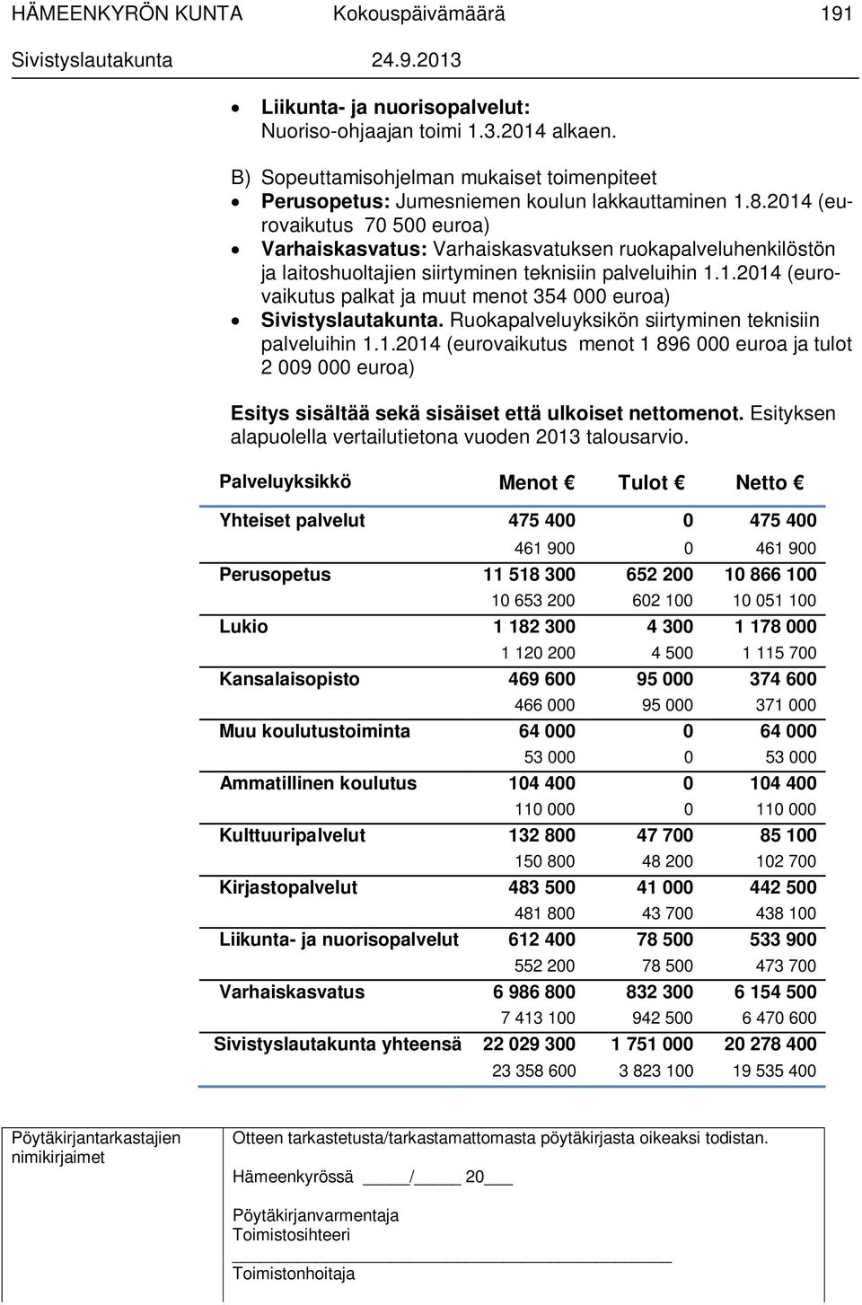 Ruokapalveluyksikön siirtyminen teknisiin palveluihin 1.1.2014 (eurovaikutus menot 1 896 000 euroa ja tulot 2 009 000 euroa) Esitys sisältää sekä sisäiset että ulkoiset nettomenot.