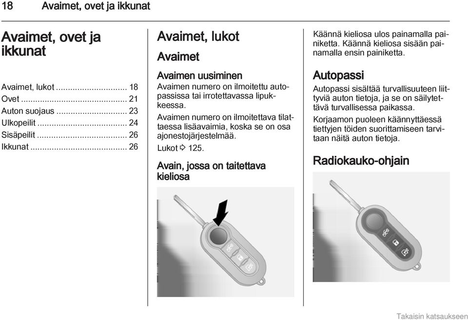 Avaimen numero on ilmoitettava tilattaessa lisäavaimia, koska se on osa ajonestojärjestelmää. Lukot 3 125.