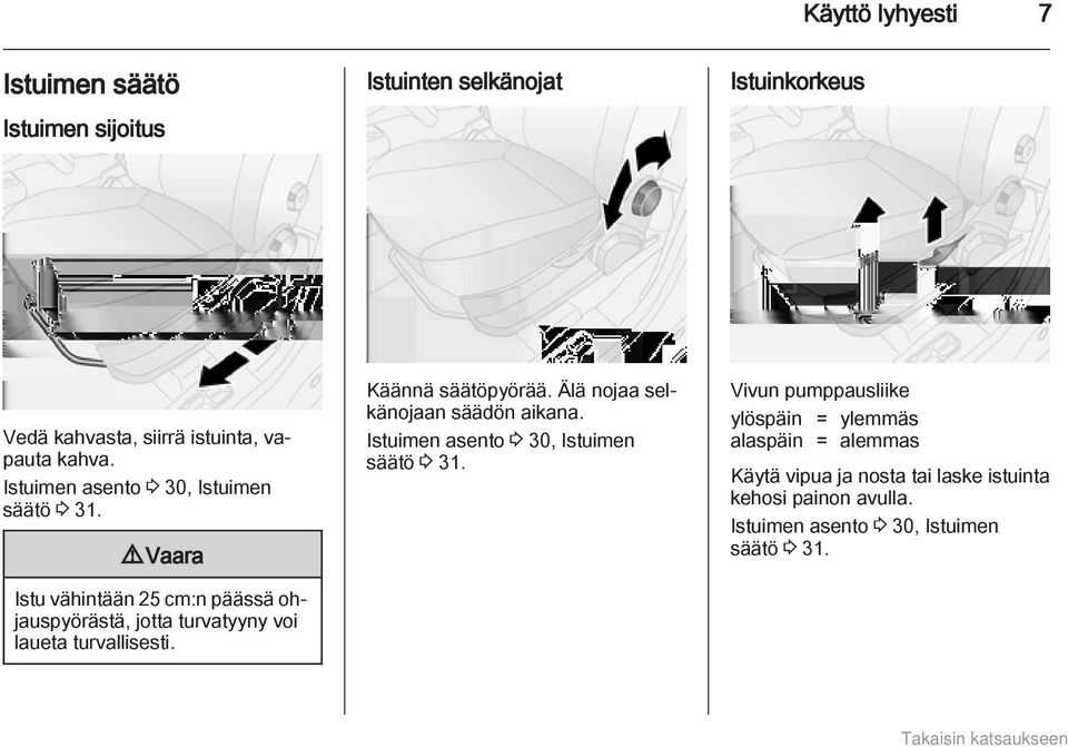 9 Vaara Istu vähintään 25 cm:n päässä ohjauspyörästä, jotta turvatyyny voi laueta turvallisesti. Käännä säätöpyörää.