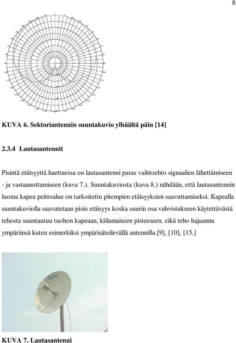 Suuntakuviosta (kuva 8.) nähdään, että lautasantennin luoma kapea peittoalue on tarkoitettu pitempien etäisyyksien saavuttamiseksi.