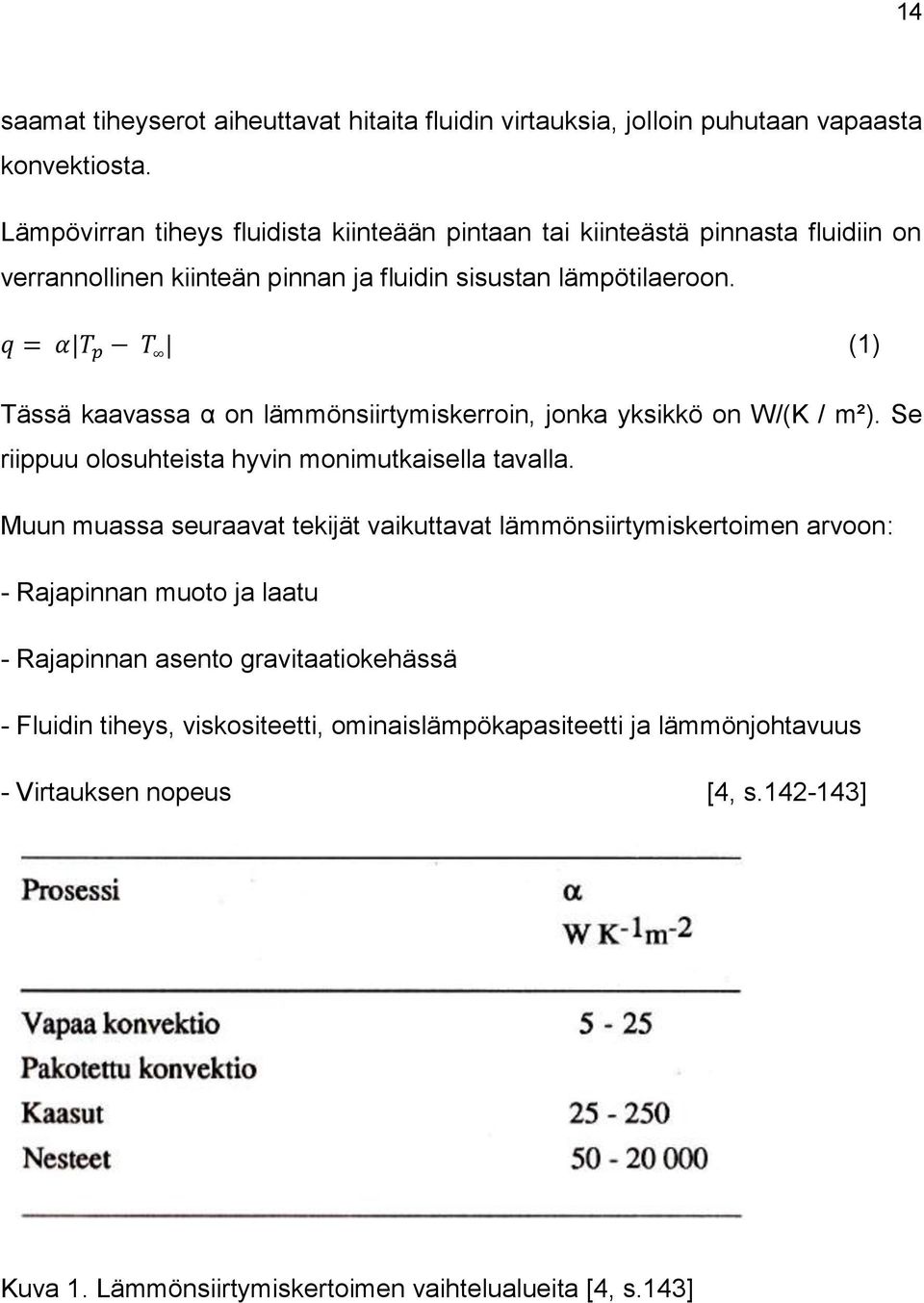 (1) Tässä kaavassa α on lämmönsiirtymiskerroin, jonka yksikkö on W/(K / m²). Se riippuu olosuhteista hyvin monimutkaisella tavalla.
