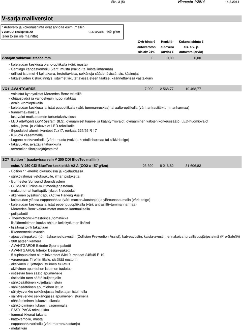 alv 24% (arvio) autovero (arvio) V-sarjan vakiovarusteena mm.