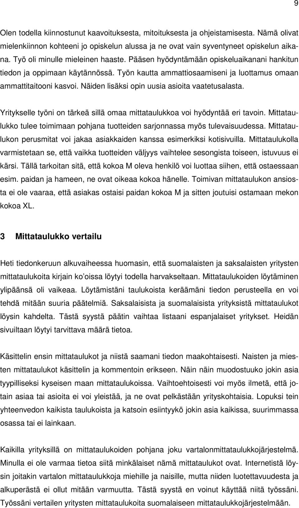 Näiden lisäksi opin uusia asioita vaatetusalasta. Yritykselle työni on tärkeä sillä omaa mittataulukkoa voi hyödyntää eri tavoin.