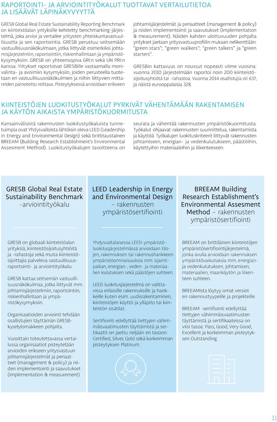 GRESB perustuu seitsemään vastuullisuusnäkökulmaan, jotka liittyvät esimerkiksi johtamisjärjestelmiin, raportointiin, riskienhallintaan ja ympäristökysymyksiin.