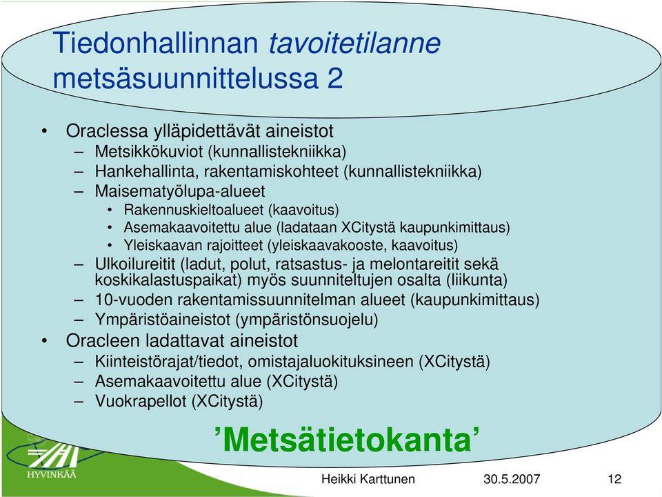 polut, ratsastus- ja melontareitit sekä koskikalastuspaikat) myös suunniteltujen osalta (liikunta) 10-vuoden rakentamissuunnitelman alueet (kaupunkimittaus) Ympäristöaineistot