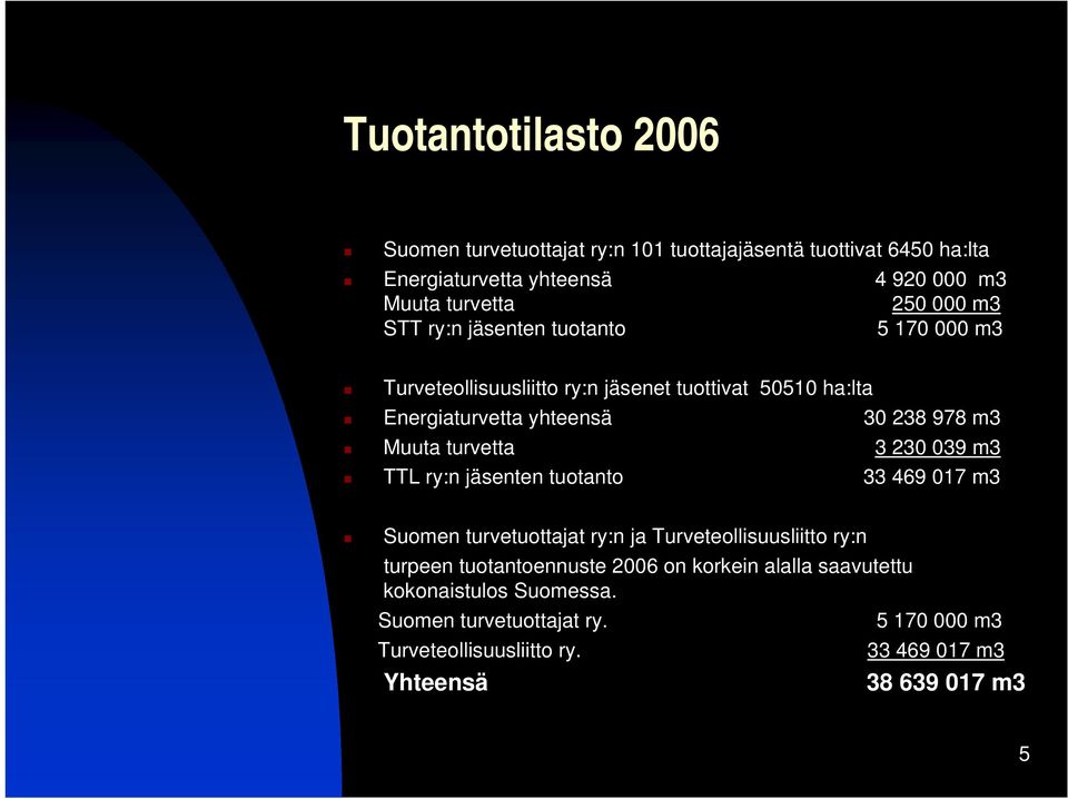 turvetta 3 230 039 m3 TTL ry:n jäsenten tuotanto 33 469 017 m3 Suomen turvetuottajat ry:n ja Turveteollisuusliitto ry:n turpeen tuotantoennuste 2006