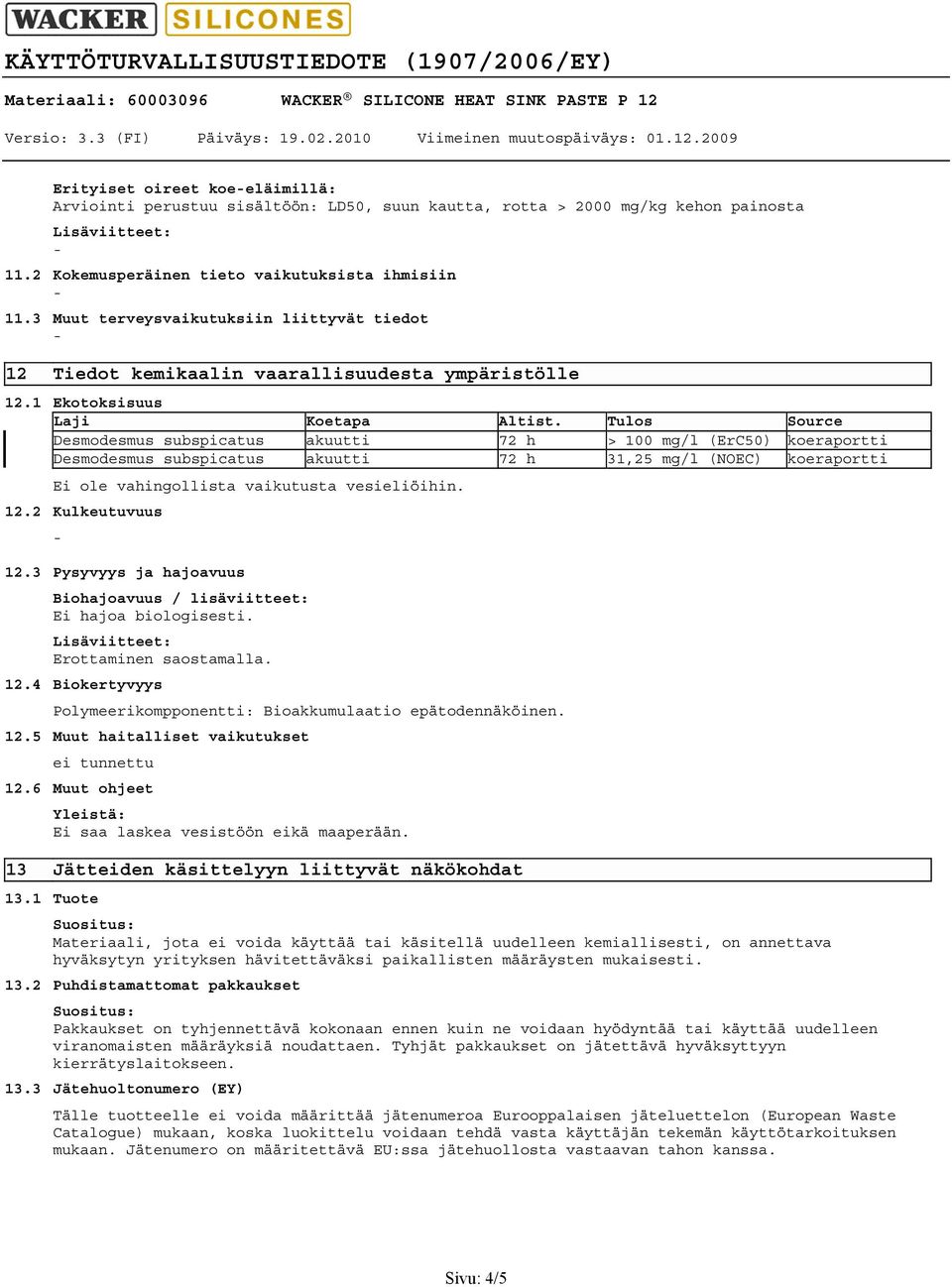 Tulos Source Desmodesmus subspicatus akuutti 72 h > 100 mg/l (ErC50) koeraportti Desmodesmus subspicatus akuutti 72 h 31,25 mg/l (NOEC) koeraportti Ei ole vahingollista vaikutusta vesieliöihin. 12.