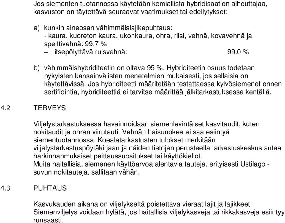 0 % b) vähimmäishybriditeetin on oltava 95 %. Hybriditeetin osuus todetaan nykyisten kansainvälisten menetelmien mukaisesti, jos sellaisia on käytettävissä.