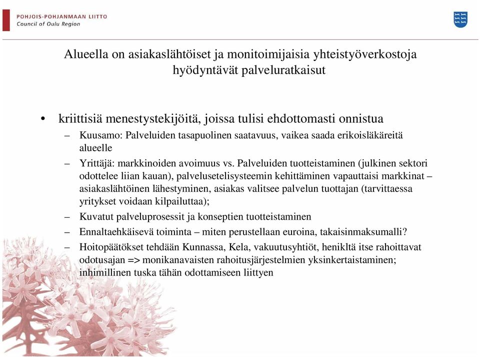 Palveluiden tuotteistaminen (julkinen sektori odottelee liian kauan), palvelusetelisysteemin kehittäminen vapauttaisi markkinat asiakaslähtöinen lähestyminen, asiakas valitsee palvelun tuottajan