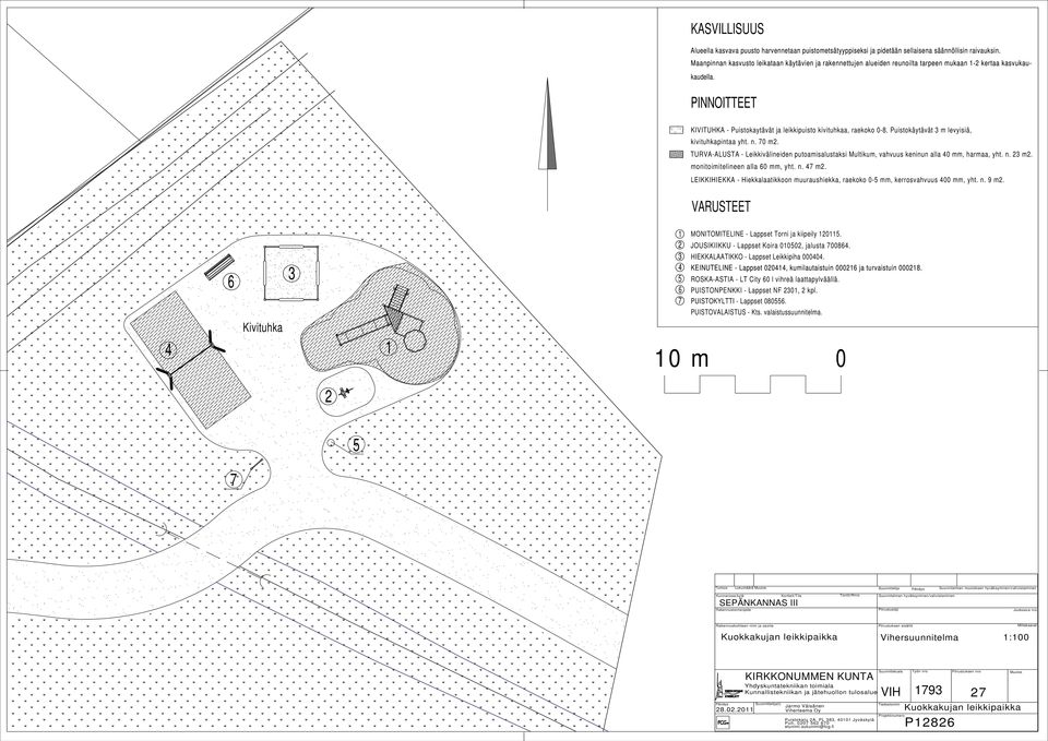Puistokäytävät m levyisiä, kivituhkapintaa yht. n. 0 m. TURVA-AUSTA - eikkivälineiden putoamisalustaksi Multikum, vahvuus keninun alla 0 mm, harmaa, yht. n. m. monitoimitelineen alla 0 mm, yht. n. m. EIKKIHIEKKA - Hiekkalaatikkoon muuraushiekka, raekoko 0- mm, kerrosvahvuus 00 mm, yht.