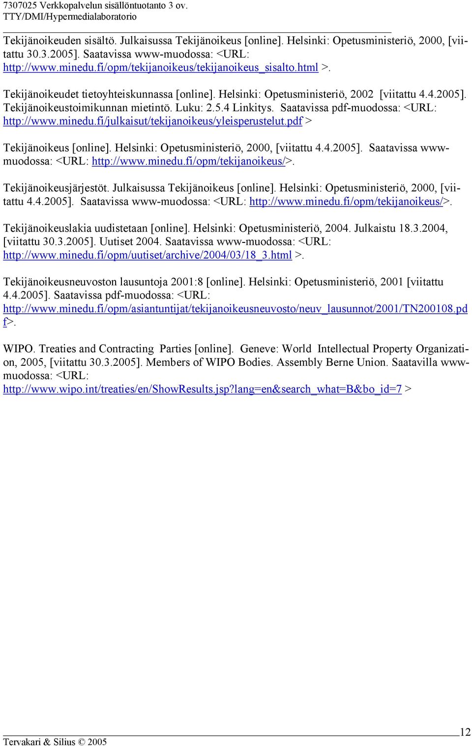 Saatavissa pdf-muodossa: <URL: http://www.minedu.fi/julkaisut/tekijanoikeus/yleisperustelut.pdf > Tekijänoikeus [online]. Helsinki: Opetusministeriö, 2000, [viitattu 4.4.2005].