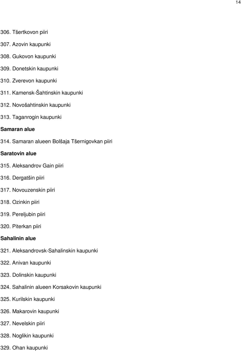 Dergatšin piiri 317. Novouzenskin piiri 318. Ozinkin piiri 319. Pereljubin piiri 320. Piterkan piiri Sahalinin alue 321. Aleksandrovsk-Sahalinskin kaupunki 322.