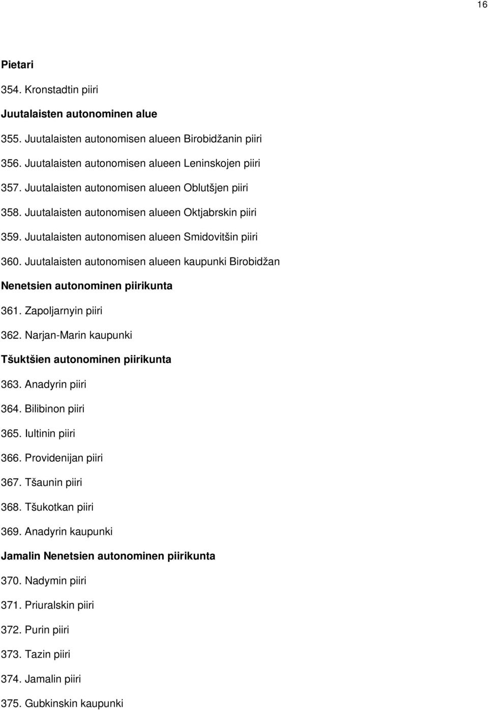 Juutalaisten autonomisen alueen kaupunki Birobidžan Nenetsien autonominen piirikunta 361. Zapoljarnyin piiri 362. Narjan-Marin kaupunki Tšuktšien autonominen piirikunta 363. Anadyrin piiri 364.