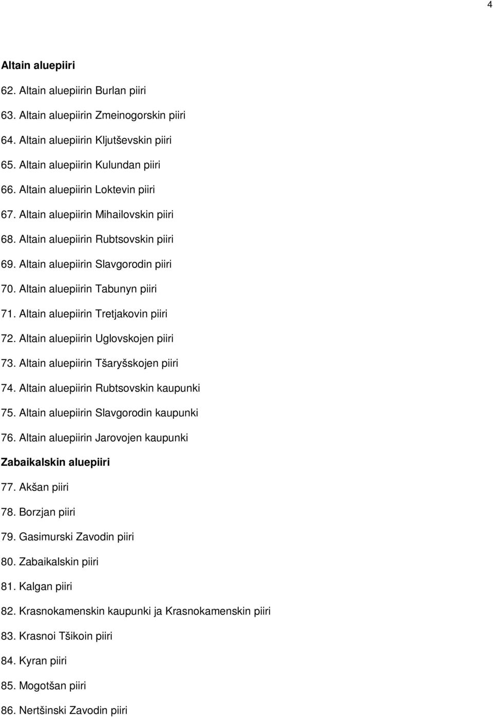 Altain aluepiirin Tretjakovin piiri 72. Altain aluepiirin Uglovskojen piiri 73. Altain aluepiirin Tšaryšskojen piiri 74. Altain aluepiirin Rubtsovskin kaupunki 75.