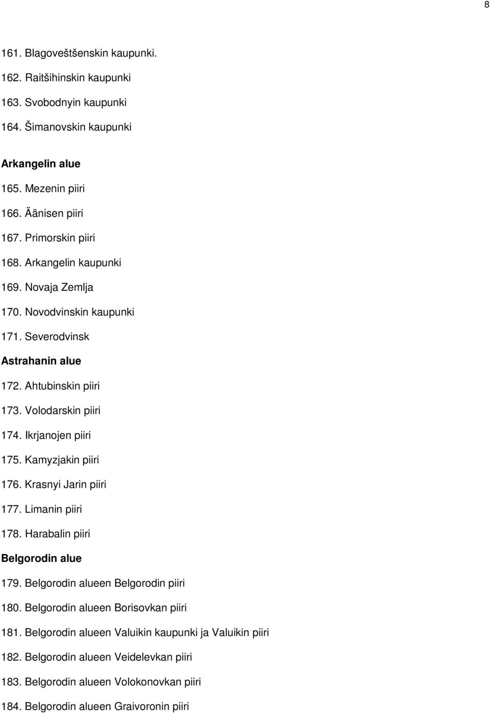 Ikrjanojen piiri 175. Kamyzjakin piiri 176. Krasnyi Jarin piiri 177. Limanin piiri 178. Harabalin piiri Belgorodin alue 179. Belgorodin alueen Belgorodin piiri 180.