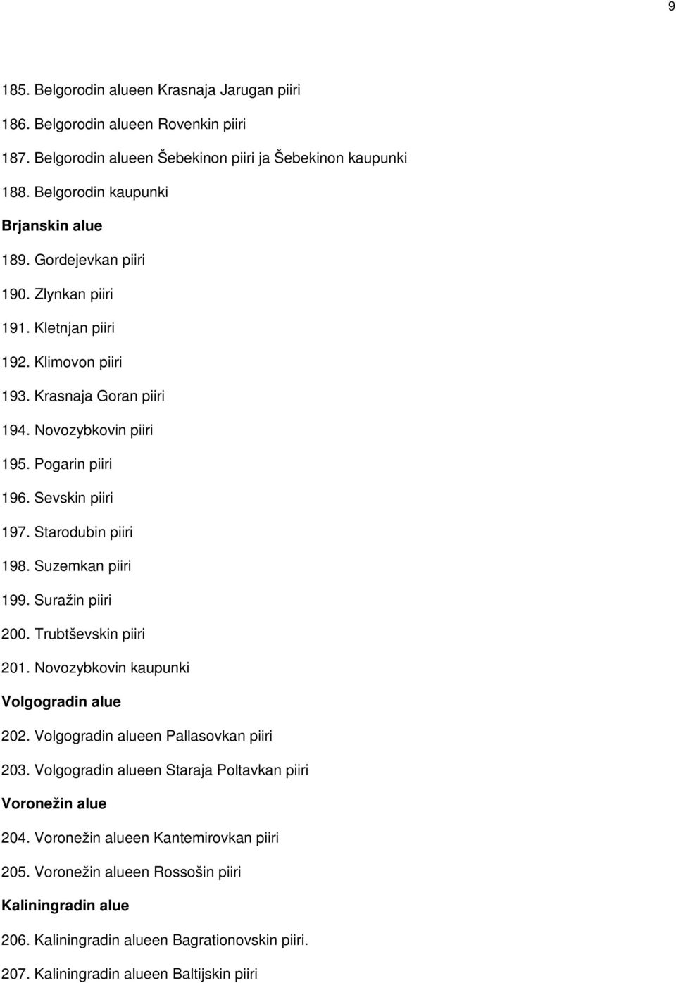 Suzemkan piiri 199. Suražin piiri 200. Trubtševskin piiri 201. Novozybkovin kaupunki Volgogradin alue 202. Volgogradin alueen Pallasovkan piiri 203.