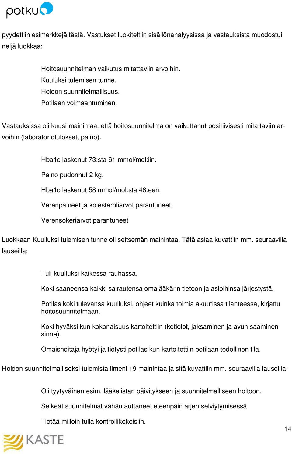 Hba1c laskenut 73:sta 61 mmol/mol:iin. Paino pudonnut 2 kg. Hba1c laskenut 58 mmol/mol:sta 46:een.