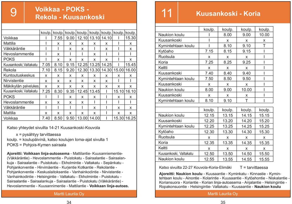 Katso yhteydet sivuilta 1-1 - = pysähtyy tarvittaessa = koulupäivinä, katso koulujen loma-ajat sivulta 1 = Pohjois-Kymen sairaala Ajoreitti: n linja-autoasema - Mattilantie- Kuusanniementie-