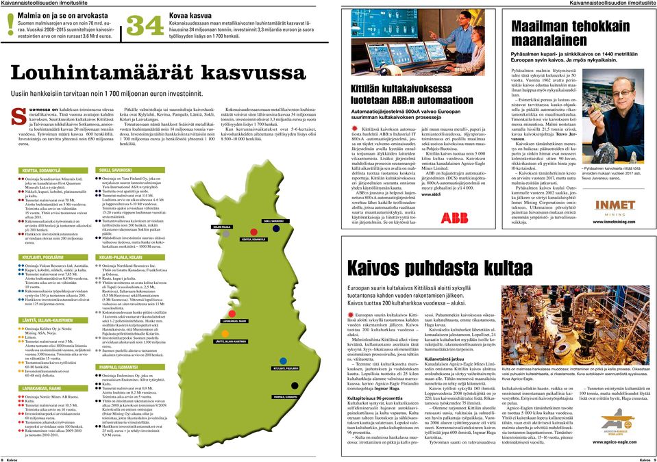 Louhintamäärät kasvussa Uusiin hankkeisiin tarvitaan noin 1 700 miljoonan euron investoinnit. Suomessa on kahdeksan toiminnassa olevaa metallikaivosta.