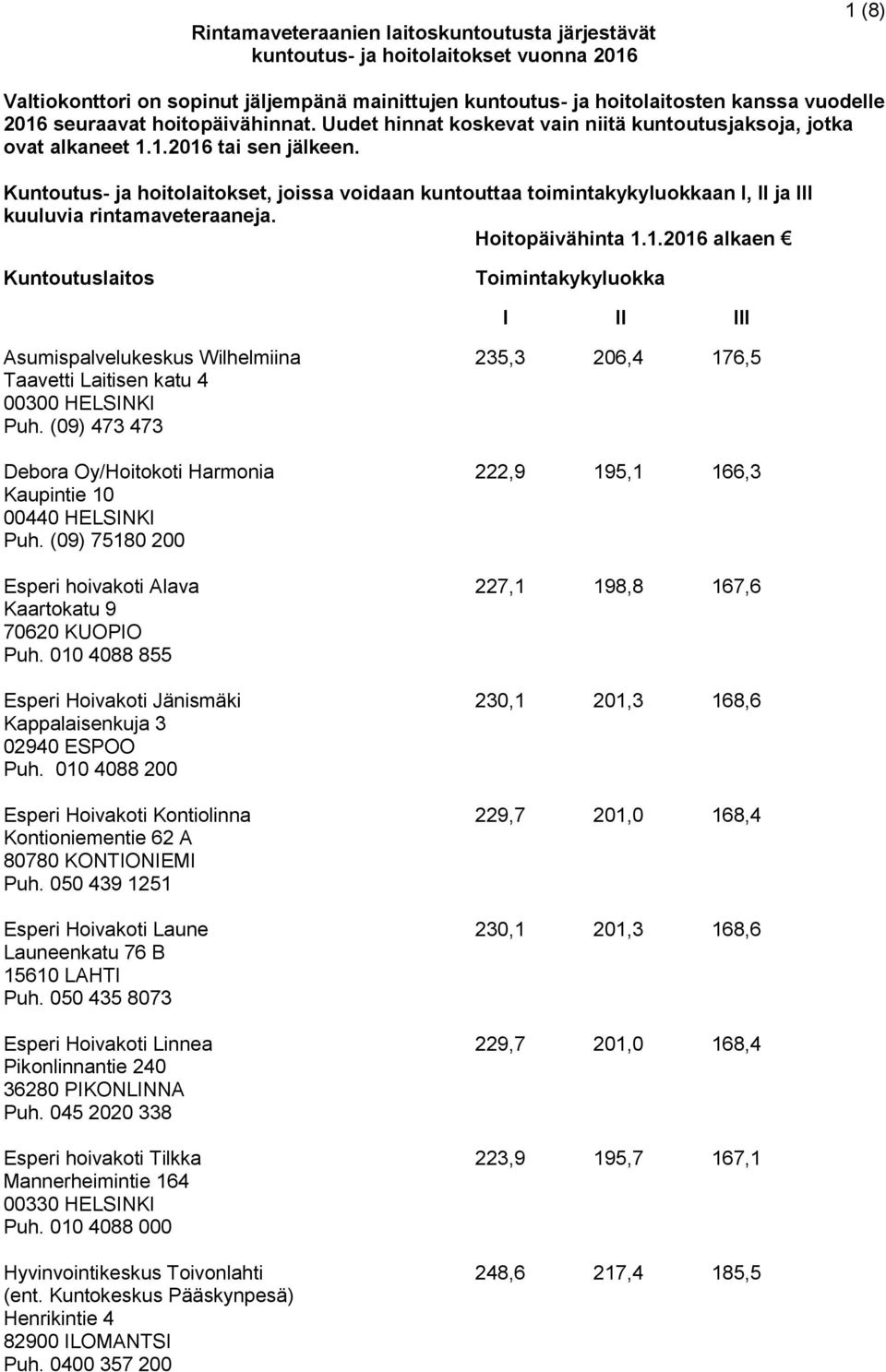 Kuntoutus- ja hoitolaitokset, joissa voidaan kuntouttaa toimintakykyluokkaan I, II ja III kuuluvia rintamaveteraaneja. Hoitopäivähinta 1.