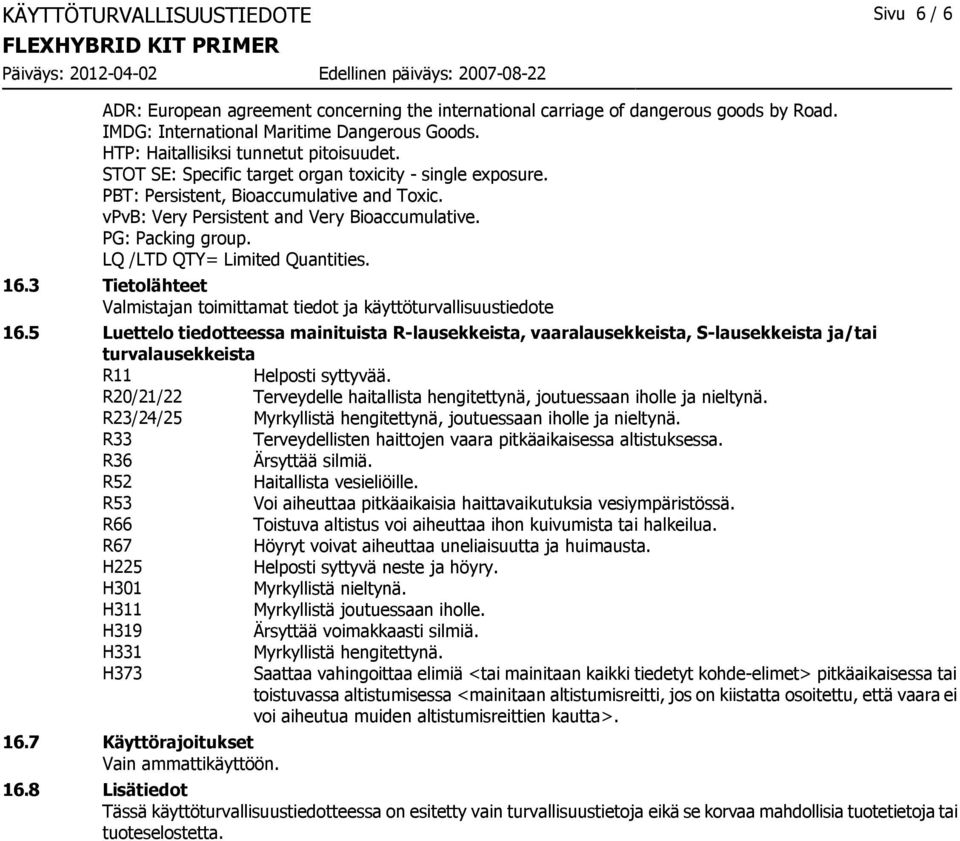 PG: Packing group. LQ /LTD QTY= Limited Quantities. 16.3 Tietolähteet Valmistajan toimittamat tiedot ja käyttöturvallisuustiedote 16.