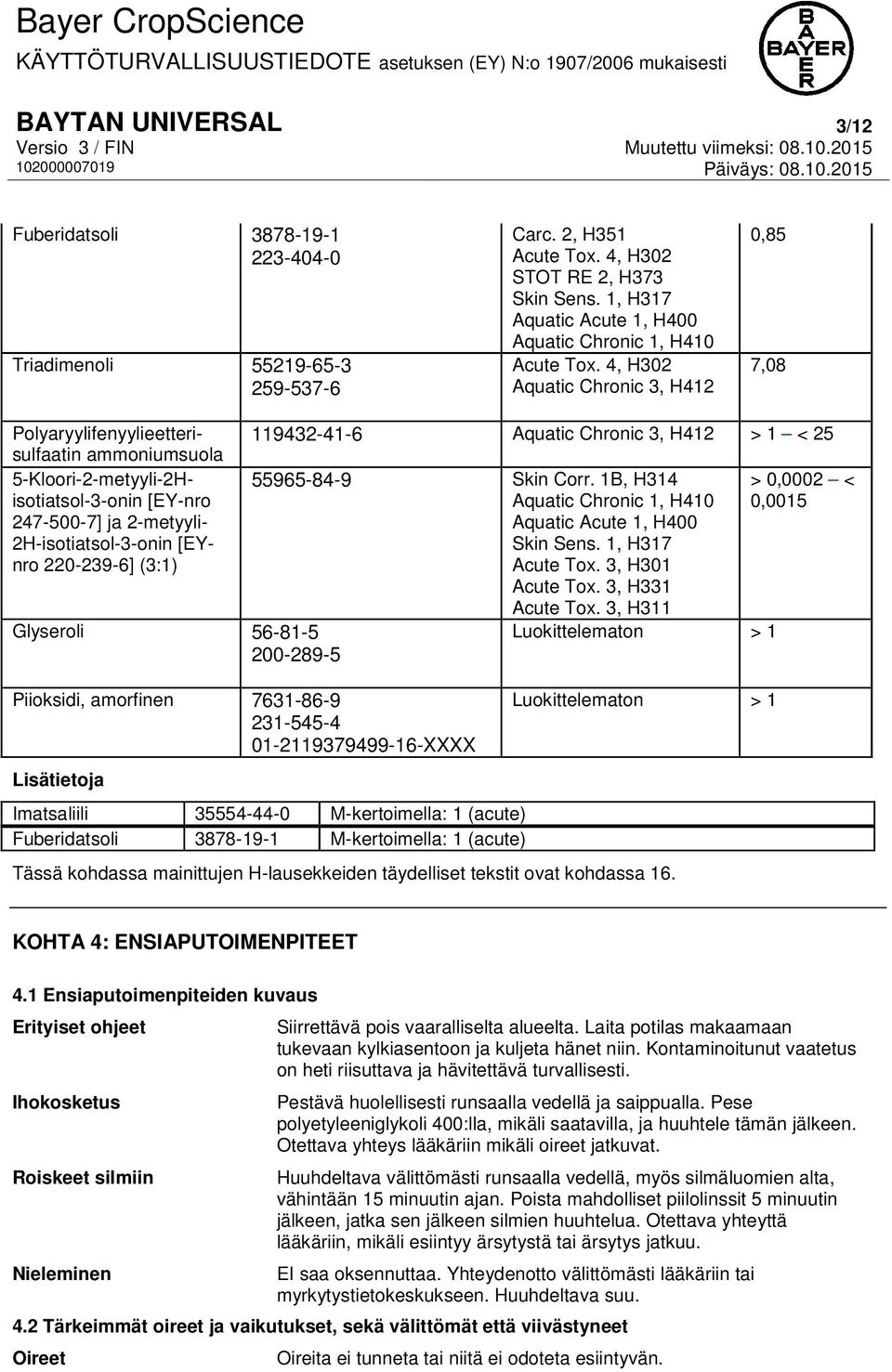 4, H302 Aquatic Chronic 3, H412 0,85 7,08 Polyaryylifenyylieetterisulfaatin ammoniumsuola 5-Kloori-2-metyyli-2Hisotiatsol-3-onin [EY-nro 247-500-7] ja 2-metyyli- 2H-isotiatsol-3-onin [EYnro