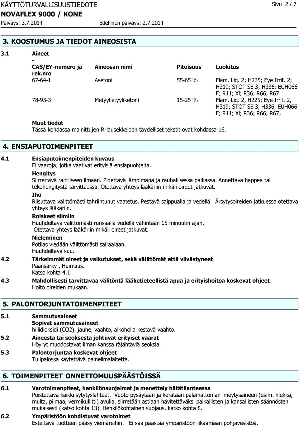 2, H319; STOT SE 3, H336; EUH066 F; R11; Xi; R36; R66; R67; Muut tiedot Tässä kohdassa mainittujen R-lausekkeiden täydelliset tekstit ovat kohdassa 16. 4. ENSIAPUTOIMENPITEET 4.