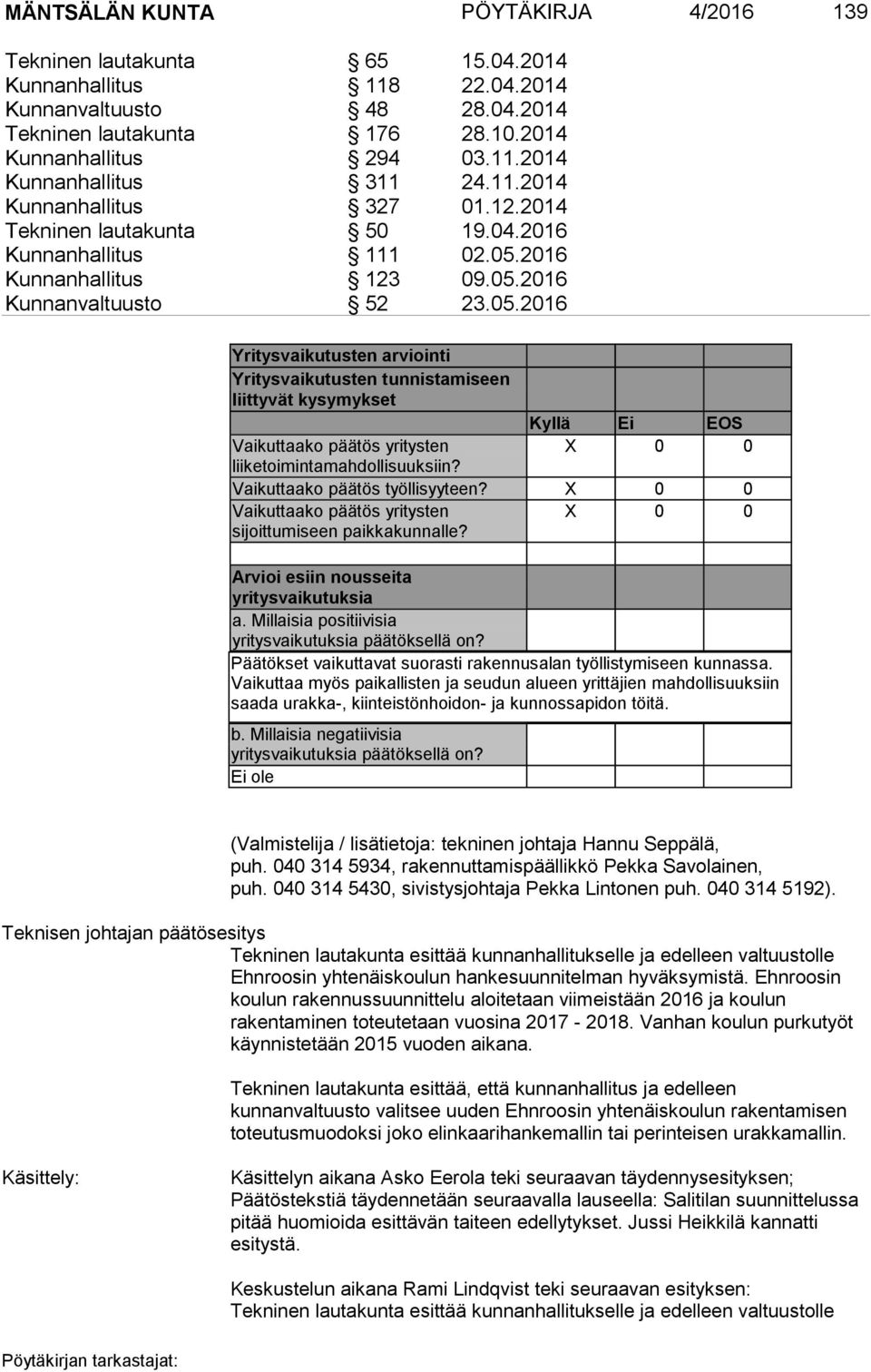 2016 Kunnanhallitus 123 09.05.2016 Kunnanvaltuusto 52 23.05.2016 Yritysvaikutusten arviointi Yritysvaikutusten tunnistamiseen liittyvät kysymykset Kyllä Ei EOS Vaikuttaako päätös yritysten X 0 0 liiketoimintamahdollisuuksiin?