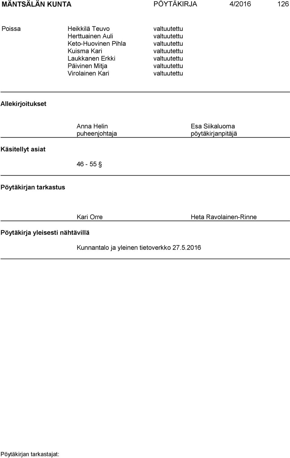 valtuutettu Allekirjoitukset Anna Helin puheenjohtaja Esa Siikaluoma pöytäkirjanpitäjä Käsitellyt asiat 46-55