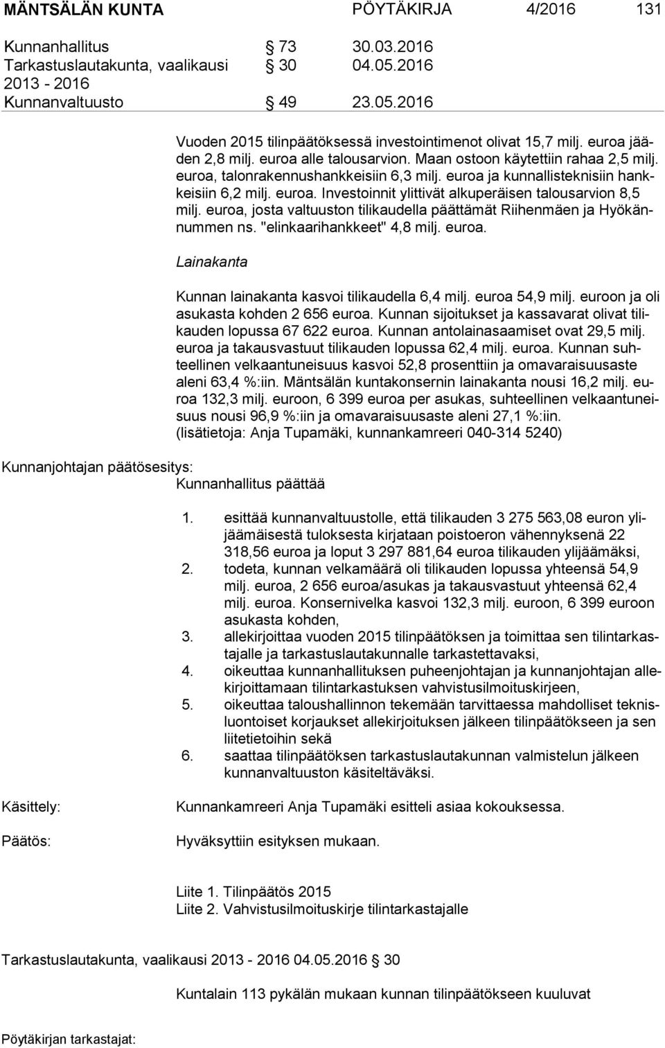 euroa, josta valtuuston tilikaudella päättämät Riihenmäen ja Hyö kännum men ns. "elinkaarihankkeet" 4,8 milj. euroa.