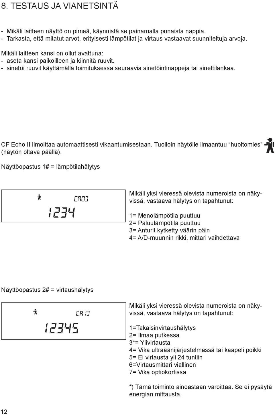 CF Echo II ilmoittaa automaattisesti vikaantumisestaan. Tuolloin näytölle ilmaantuu huoltomies (näytön oltava päällä).