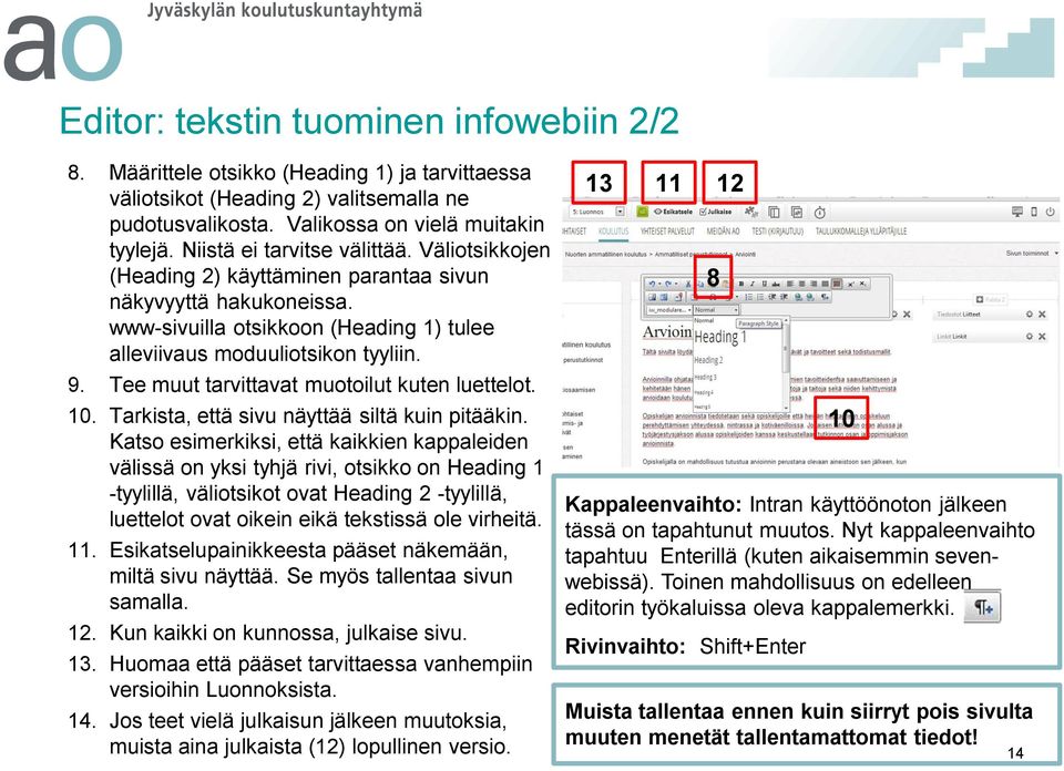 Tee muut tarvittavat muotoilut kuten luettelot. 0. Tarkista, että sivu näyttää siltä kuin pitääkin.