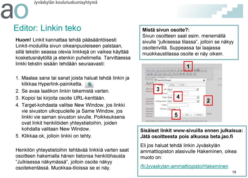 Tarvittaessa linkki tekstin sisään tehdään seuraavasti:. Maalaa sana tai sanat joista haluat tehdä linkin ja klikkaa Hyperlink-painiketta.. Se avaa laatikon linkin tekemistä varten.