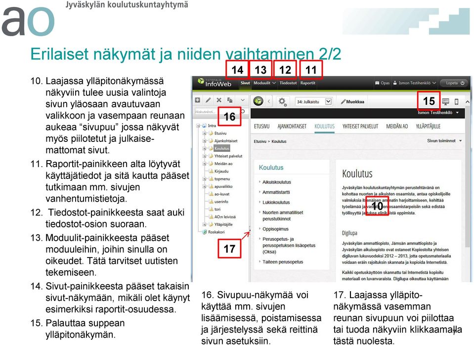. Raportit-painikkeen alta löytyvät käyttäjätiedot ja sitä kautta pääset tutkimaan mm. sivujen vanhentumistietoja.. Tiedostot-painikkeesta saat auki tiedostot-osion suoraan.