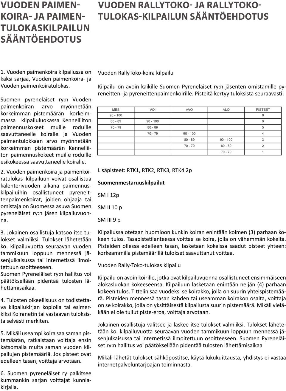 Suomen pyreneläiset ry:n Vuoden paimenkoiran arvo myönnetään korkeimman pistemäärän korkeimmassa kilpailuluokassa Kennelliiton paimennuskokeet muille roduille saavuttaneelle koiralle ja Vuoden