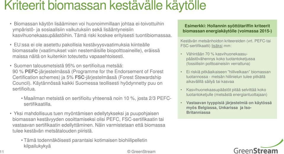 EU:ssa ei ole asetettu pakollisia kestävyysvaatimuksia kiinteälle biomassalle (vaatimukset vain nestemäisille biopolttoaineille), eräissä maissa näitä on kuitenkin toteutettu vapaaehtoisesti.