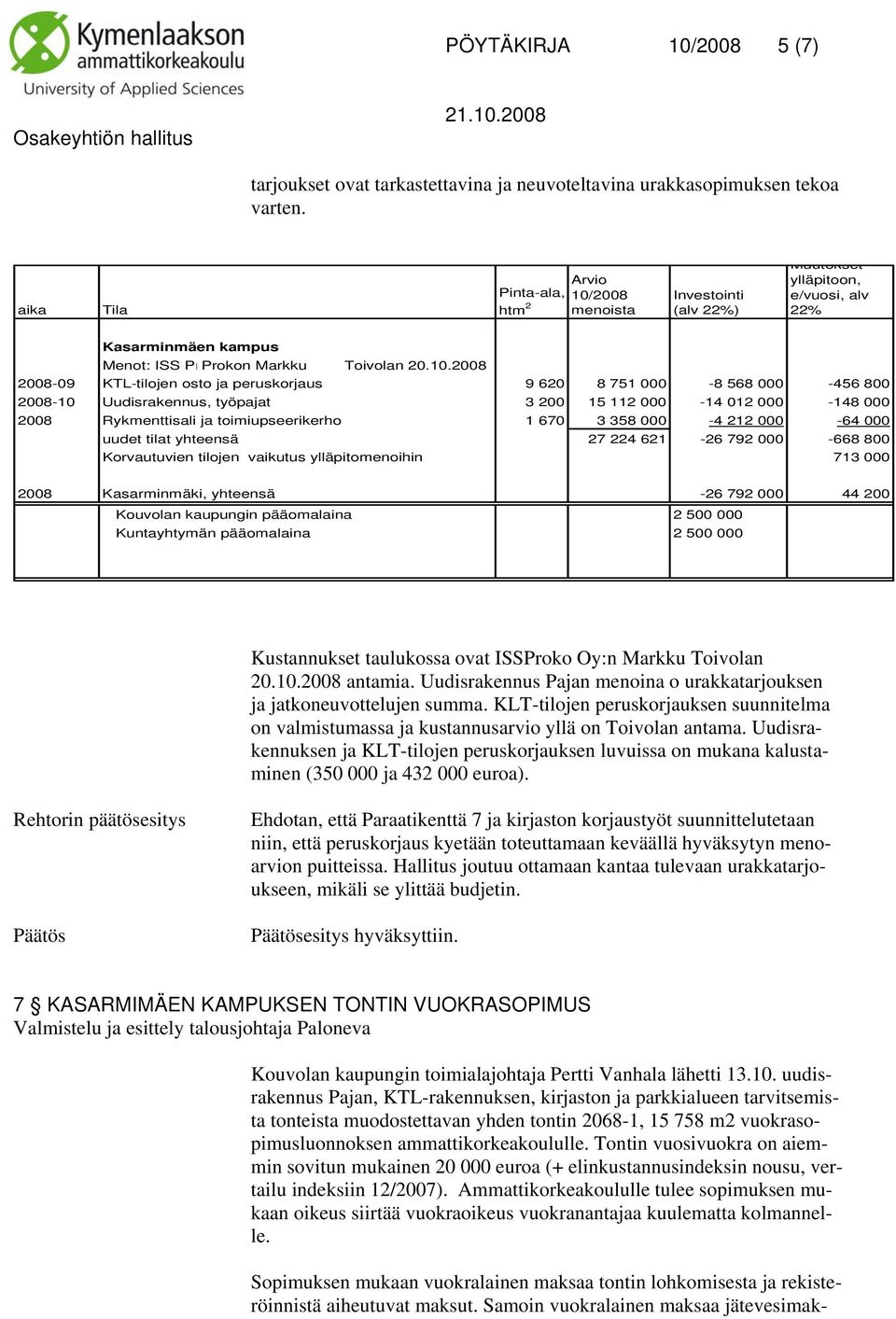 2008 menoista Investointi (alv 22%) Muutokset ylläpitoon, e/vuosi, alv 22% Kasarminmäen kampus Menot: ISS PrProkon Markku Toivolan 20.10.