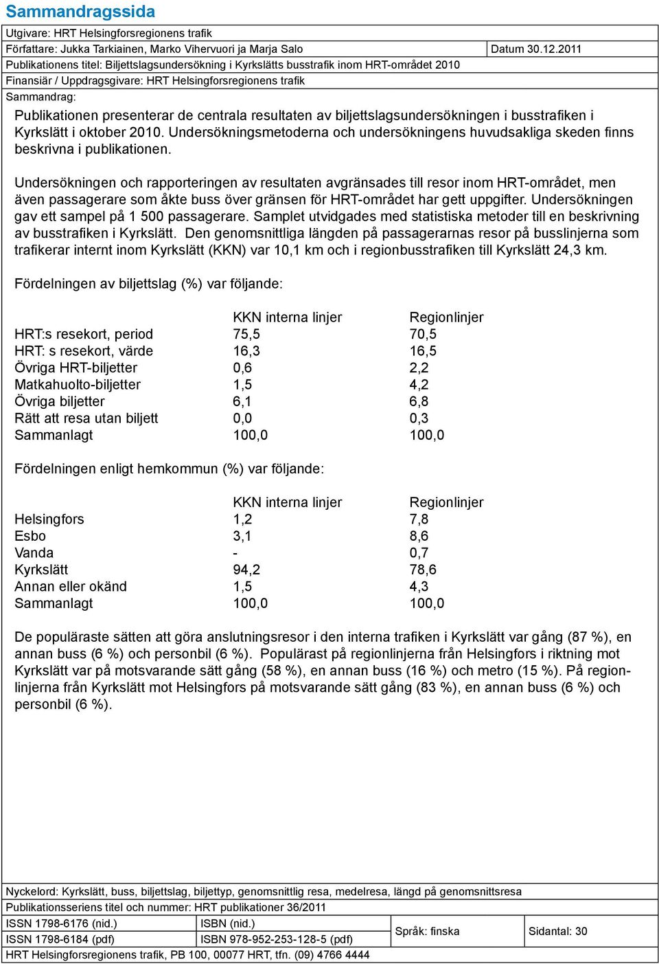 centrala resultaten av biljettslagsundersökningen i busstrafiken i Kyrkslätt i oktober 2010. Undersökningsmetoderna och undersökningens huvudsakliga skeden finns beskrivna i publikationen.