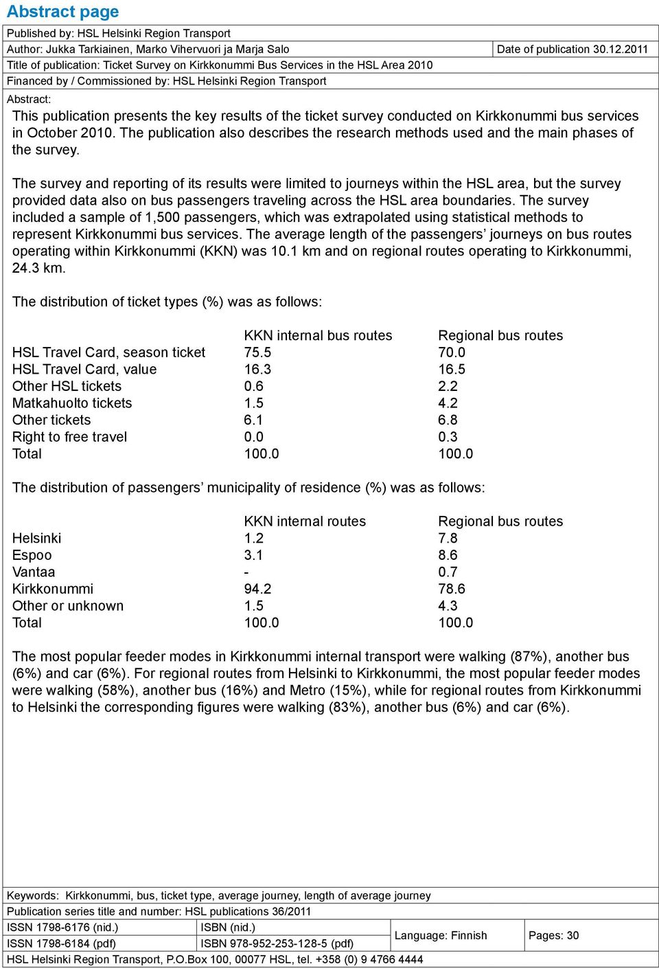 results of the ticket survey conducted on Kirkkonummi bus services in October 2010. The publication also describes the research methods used and the main phases of the survey.